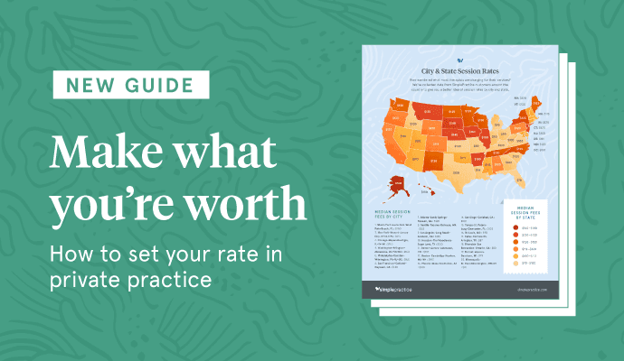 Illustrated infographic depicting a map of the United States and the different rates in each state helping therapists understand the average cost of psychotherapy session