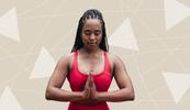 A woman doing a yoga pose in front of an illustrated background