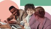 Three people are sitting at a laptop, smiling and having a conversation. The image is layered on top of a collage of colorful shapes.