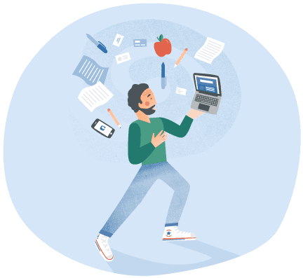 man juggling many tasks and trying to prioritize