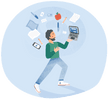 man juggling many tasks and trying to prioritize