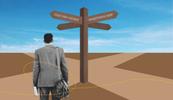 A collage of a man in a suit standing in front of a crossroads sign that reads in one direction "Stay the course" and in the other "try something new."