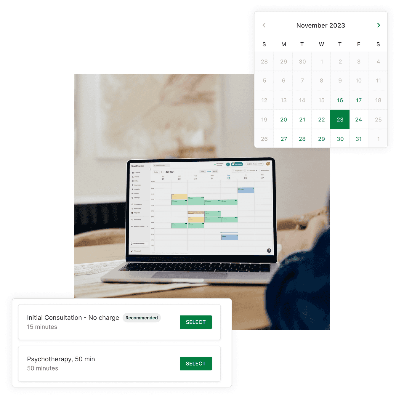 computer with simplepractice ehr on the screen and callouts of an appointment request