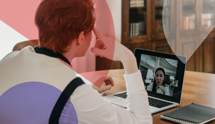 Two people speak on a video call.