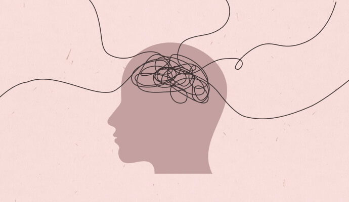 An illustration of a head with a tangle of thoughts inside it as the person learns about the bias in mental health clinical licensing exams.