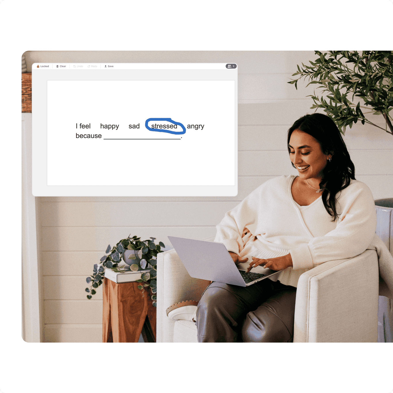 Woman completing the sentence "I feel..." on her laptop by circling the word "stressed"
