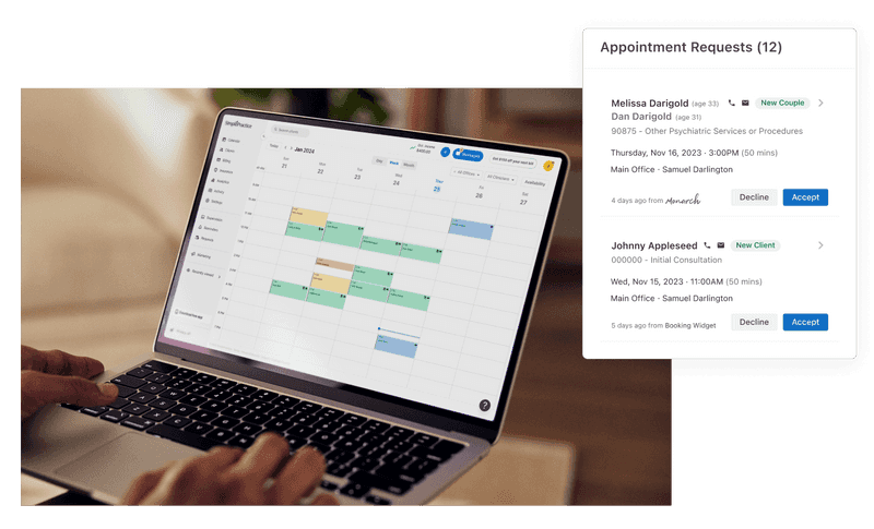 Image of a laptop displaying the calendar in SimplePractice, with an overlaid graphic of the Appointment Requests feature