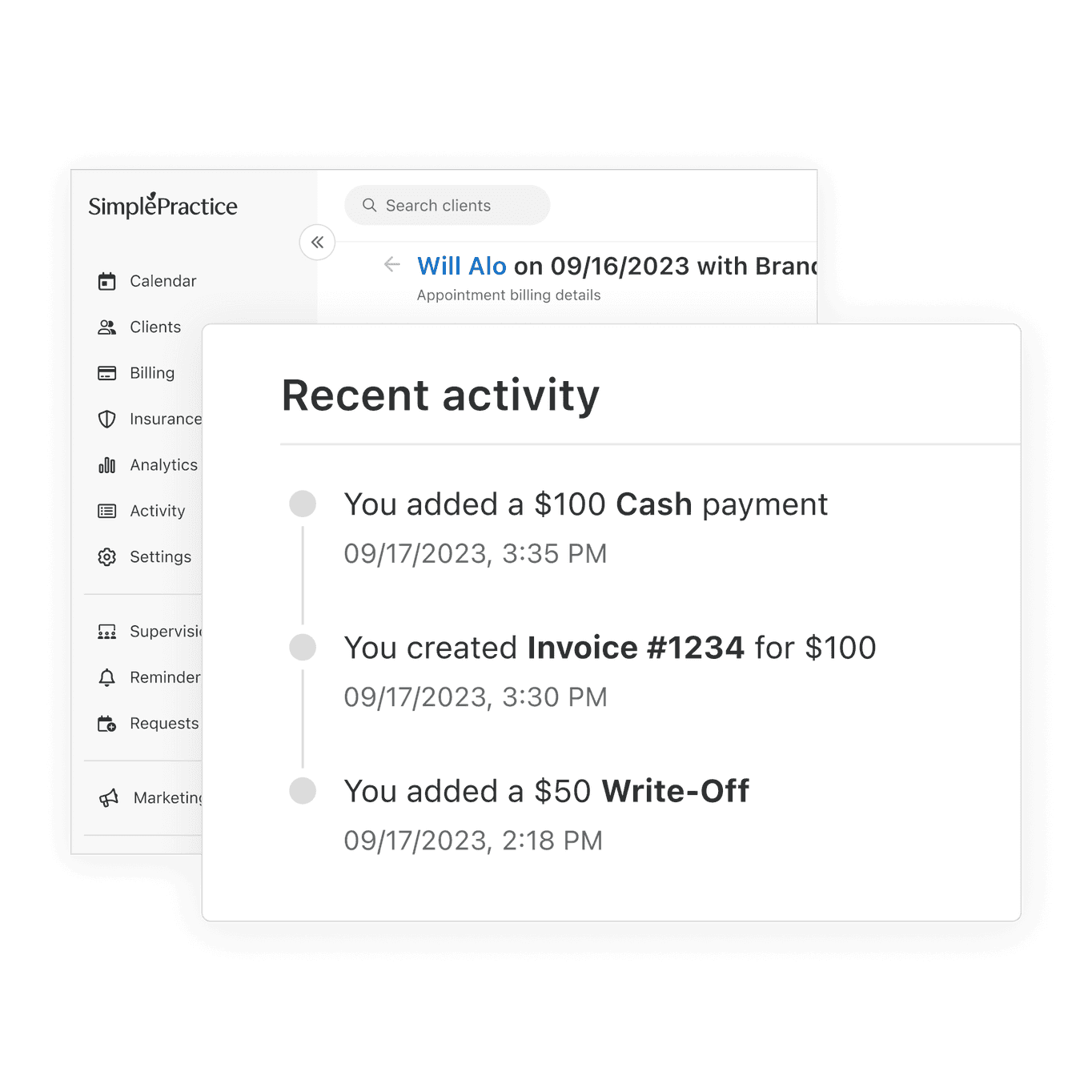 Graphic of Recent Activity log in SimplePractice