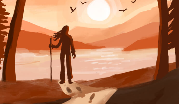 An illustrated figure is standing overlooking a lake at sunset. They are holding a walking stick.