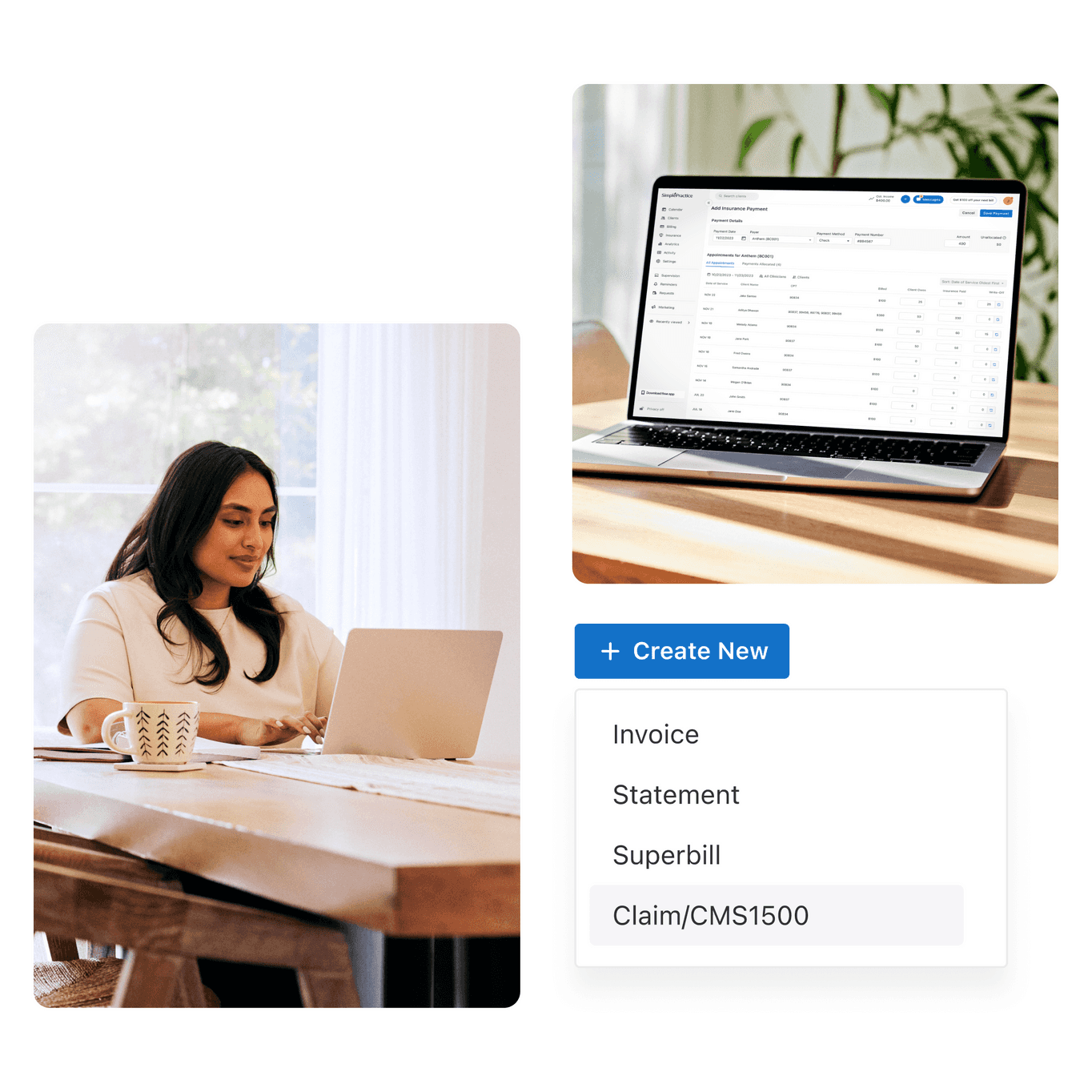 Images of a clinician using SimplePractice on a laptop, with a graphic of the +Create New billing document dropdown