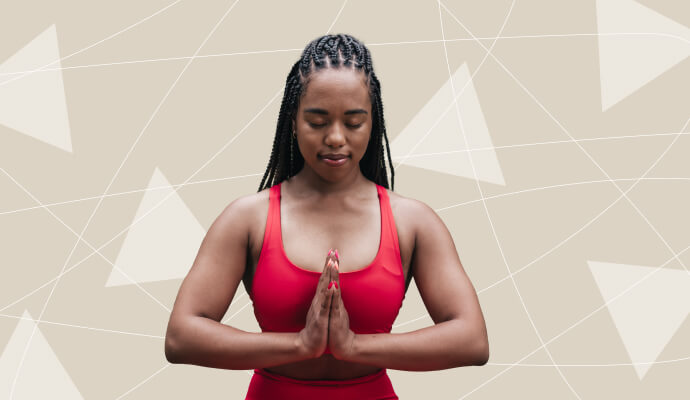 A woman doing a yoga pose in front of an illustrated background