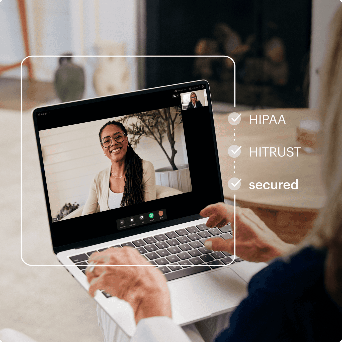 Telehealth appointment conducted on a laptop, surrounded by a border that says HIPAA HITRUST secured