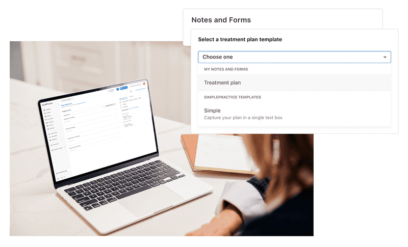 Image displaying SimplePractice software on a laptop overlaid with a graphic of the Notes and Forms treatment plan dropdown menu