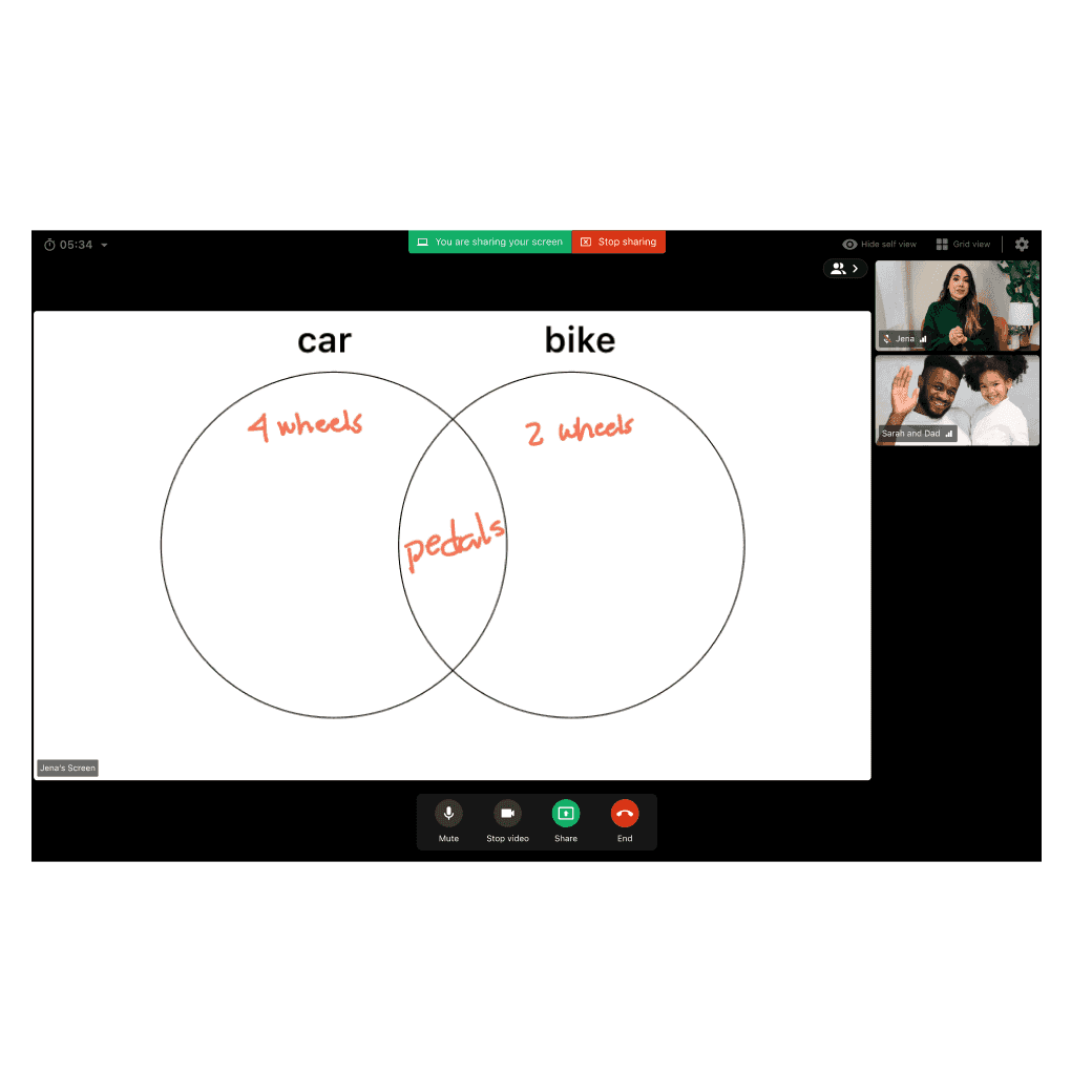 speech-language pathologist using a whiteboard during a telehealth call with a child