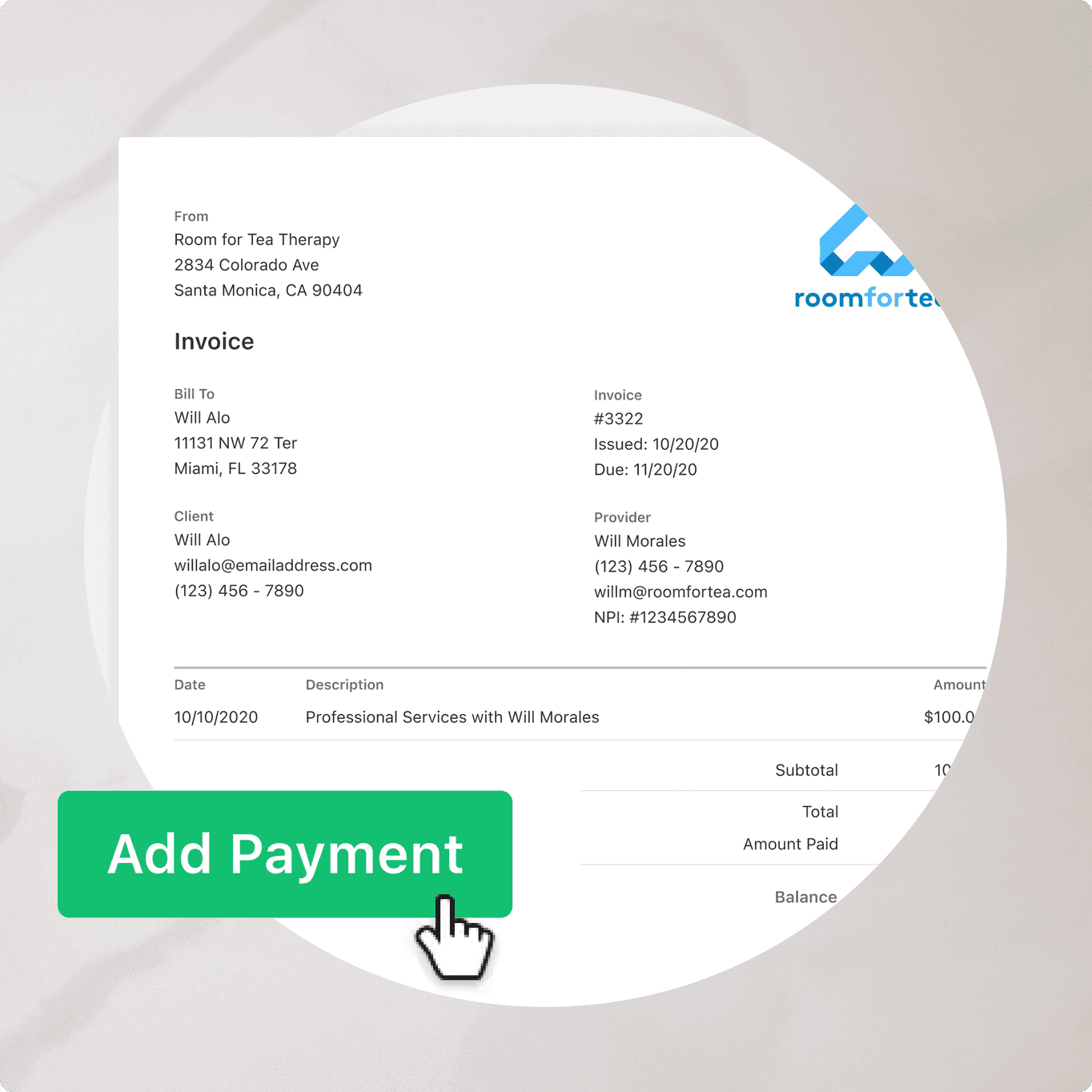 adding payment to invoice in billing software for occupational therapists