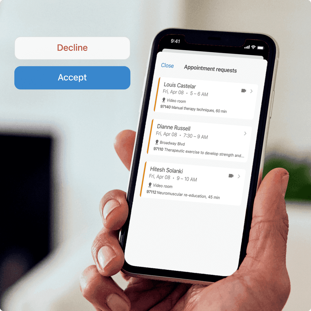 accepting or declining appointment request in occupational therapy scheduling software from mobile app