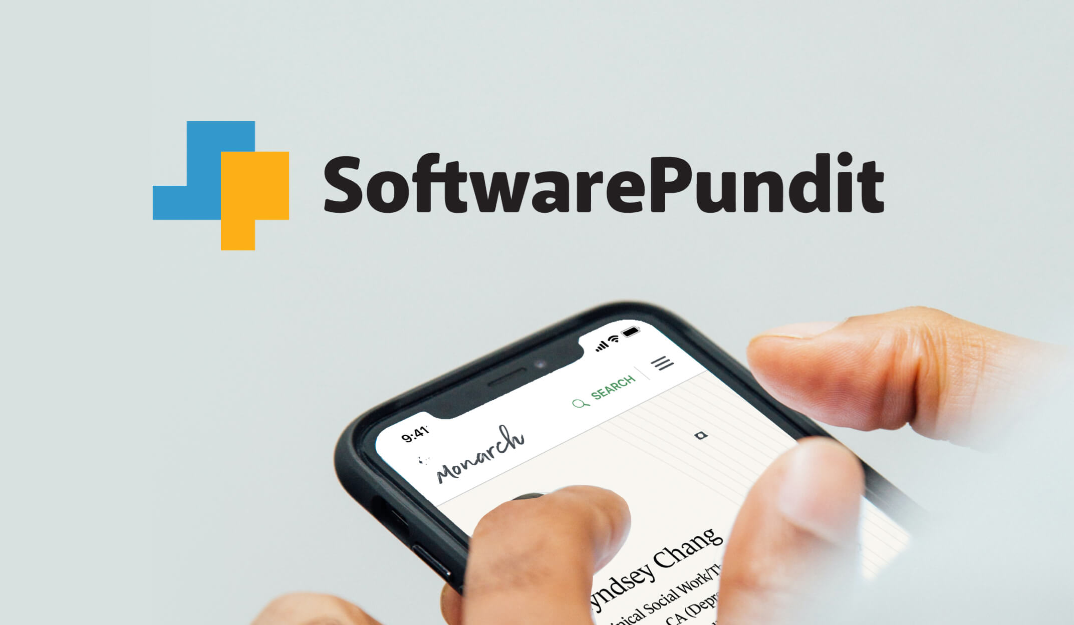 SoftwarePundit logo and customer using Monarch on mobile device